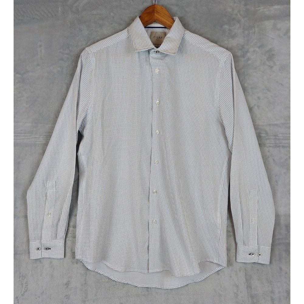 C Lab NYC Slim Fit 4 Way Stretch Long Sleeve Shirt Mens Medium White Micro Print